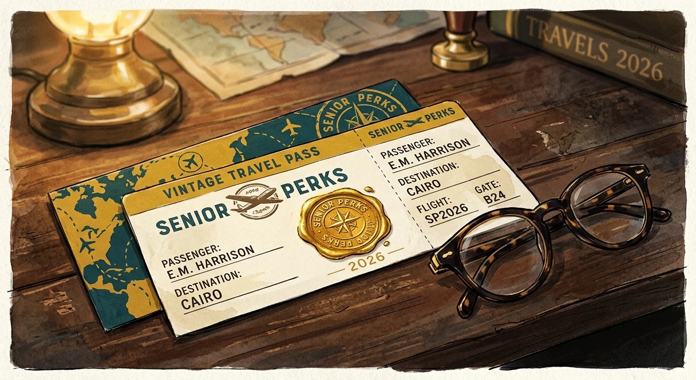 A warm illustration of a vintage airline ticket folder stamped with a gold seal that reads 'Senior Perks'.