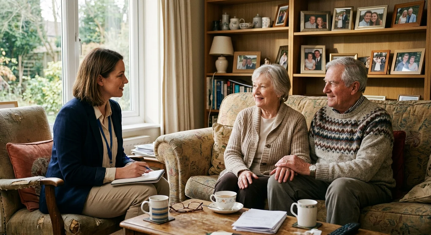 A warm, natural photograph of an older couple in their living room consulting with a friendly professional advisor.