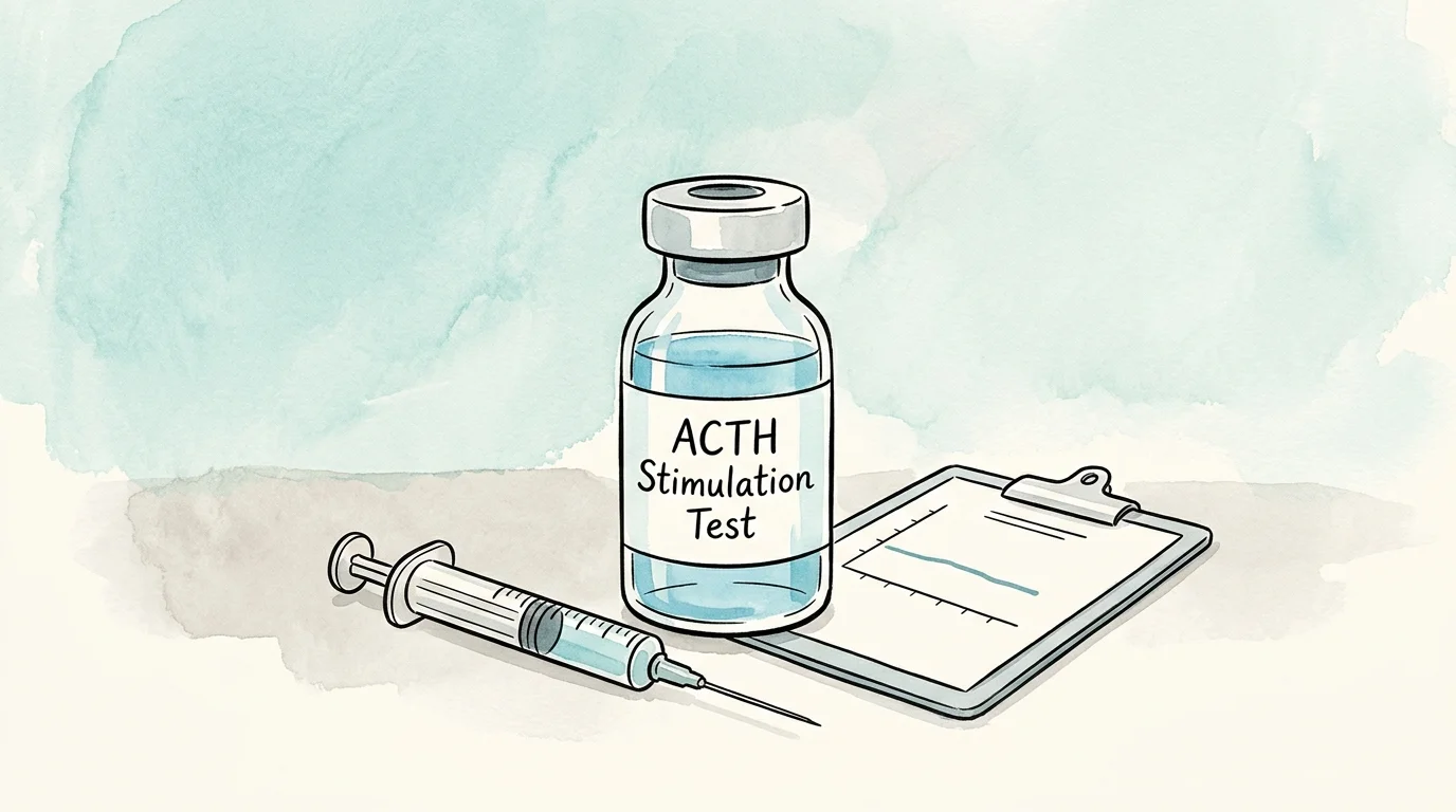 A watercolor and ink illustration of a medical vial labeled ACTH Stimulation Test alongside a clinical clipboard.