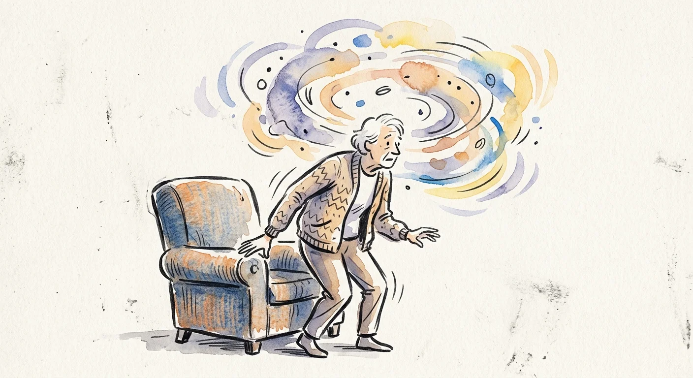 A watercolor and ink illustration of a person rising from a chair with swirling blue and amber washes around their head, symbolizing dizzine
