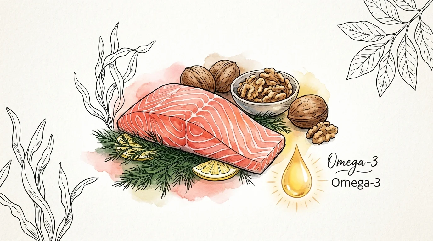 A watercolor illustration of wild salmon, walnuts, and a golden oil droplet representing Omega-3.
