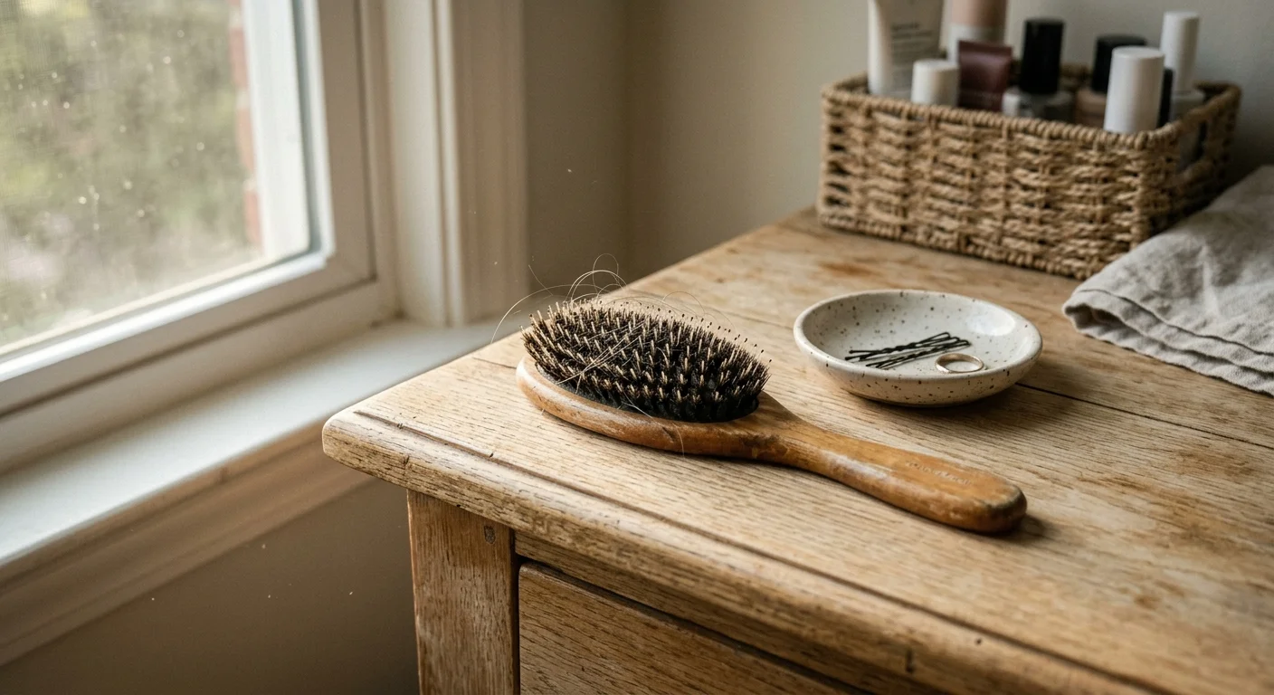 A wooden hairbrush with a few strands of silver hair rests on a sunlit wooden vanity table, suggesting gradual hair thinning.