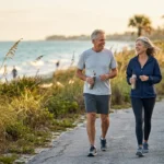 An active senior couple walking briskly along a coastal path in Naples, Florida during sunrise.