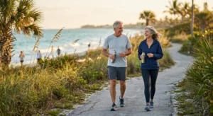 An active senior couple walking briskly along a coastal path in Naples, Florida during sunrise.