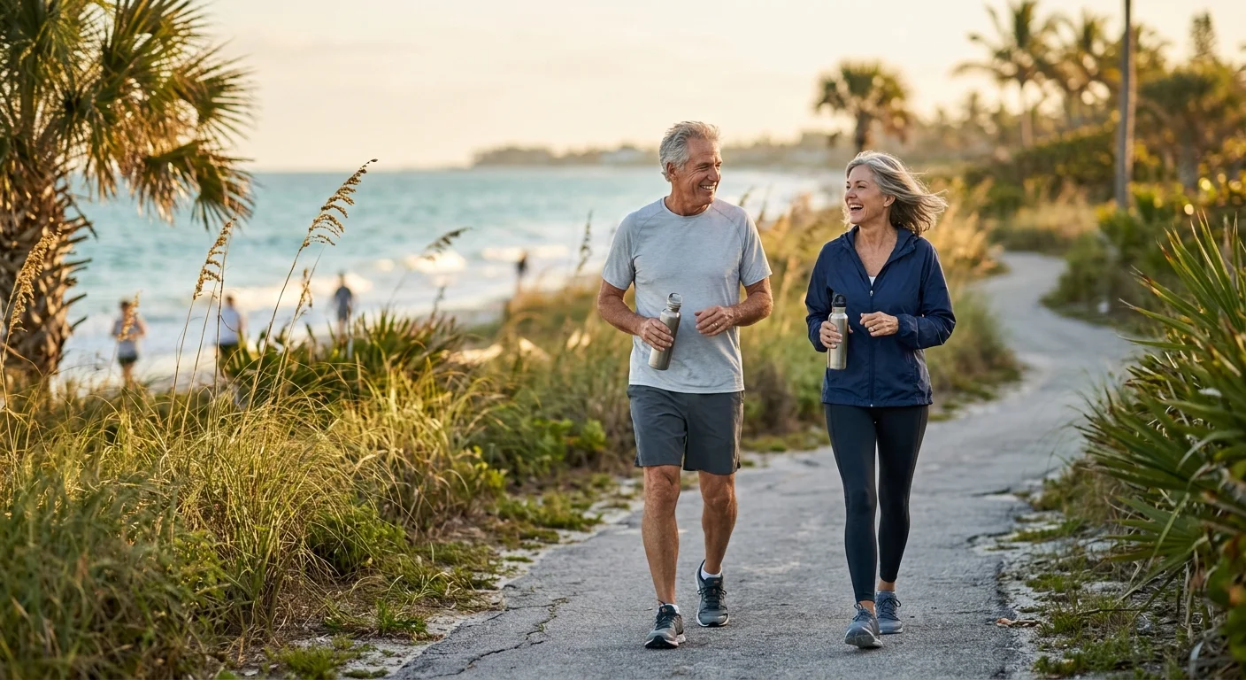 An active senior couple walking briskly along a coastal path in Naples, Florida during sunrise.