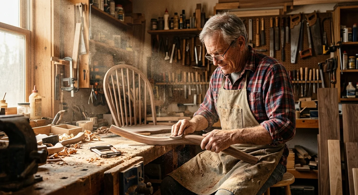 An active senior in a plaid shirt and canvas apron carefully crafting a wooden chair in his sun-lit workshop.