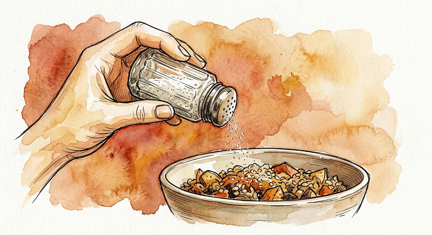 An artistic watercolor illustration of a hand shaking salt onto a dish, representing intense salt cravings.