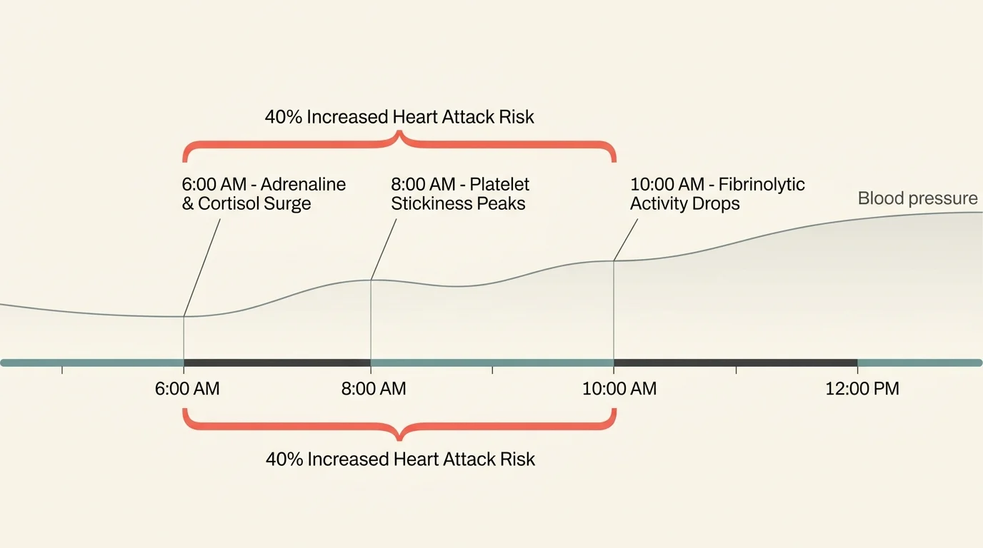 An editorial circadian rhythm timeline diagram highlighting the high-risk morning hours from 6:00 AM to noon.