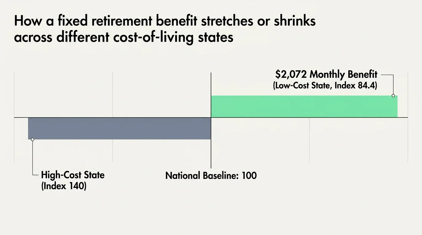 An editorial diagram comparing how a monthly benefit of $2,072 has higher purchasing power in low-cost states.