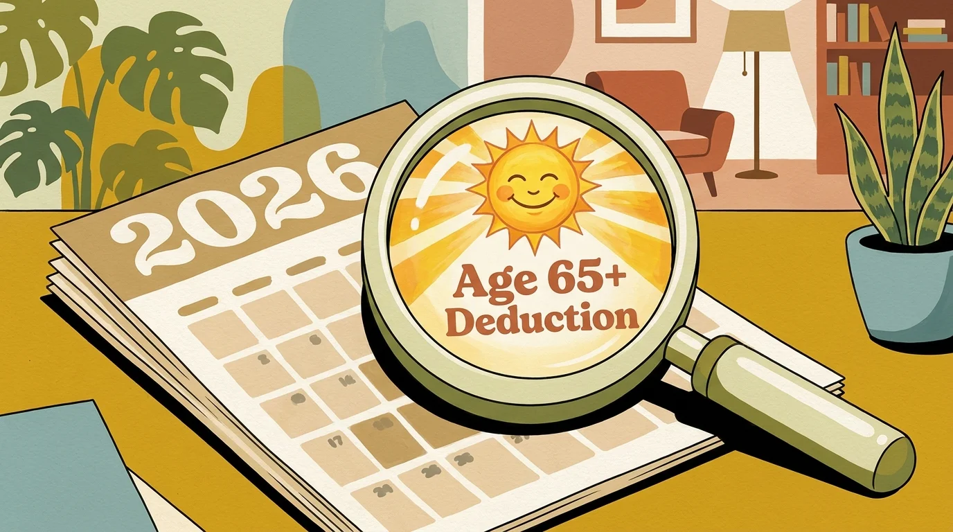 An editorial gouache illustration showing a 2026 calendar page with a magnifying glass highlighting the 'Age 65+ Deduction'.