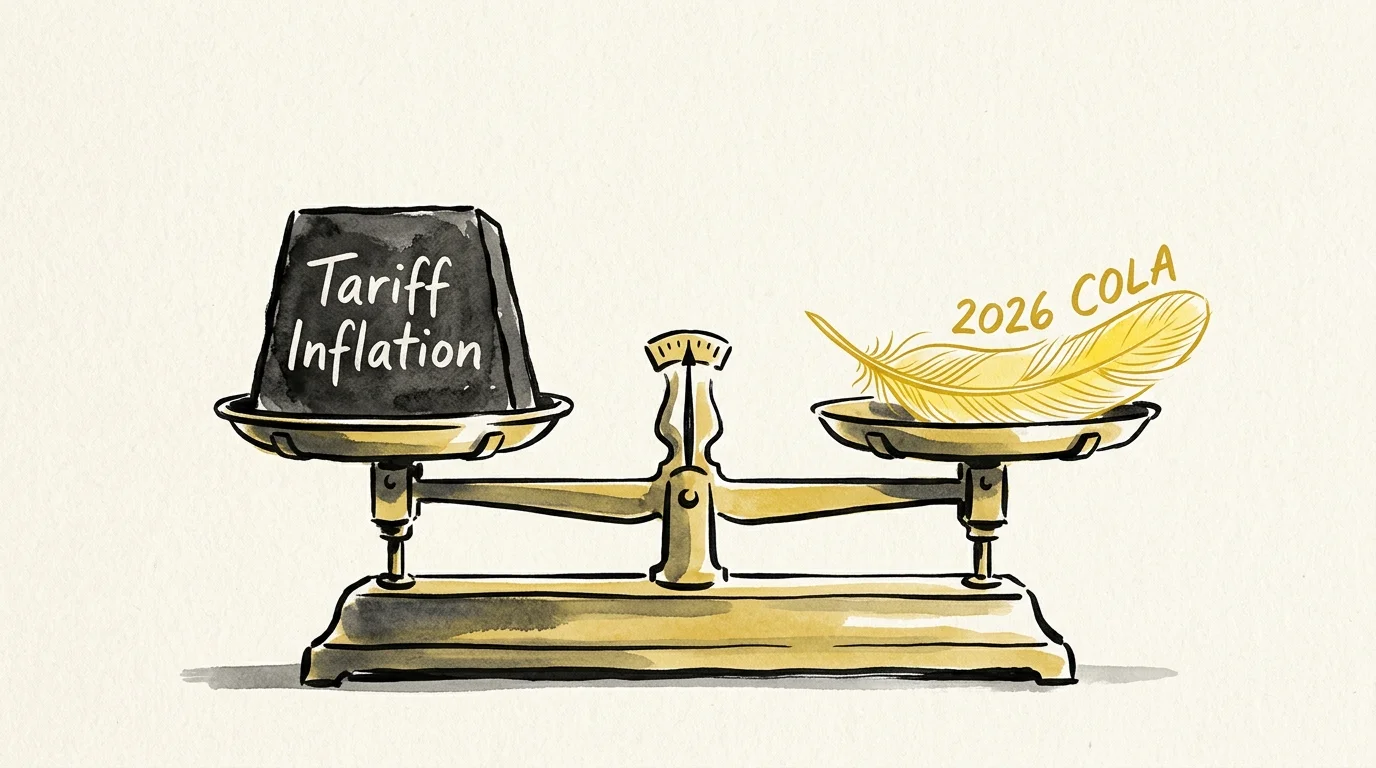 An editorial illustration of a balance scale where a golden feather labeled '2026 COLA' offsets a heavy block labeled 'Tariff Inflation'.