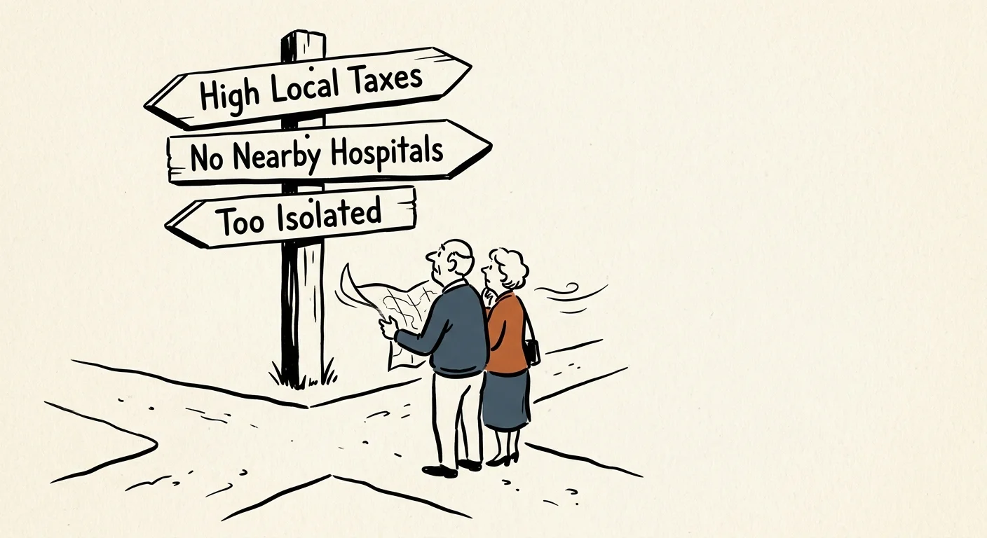 An editorial illustration of a couple at a fork in the road facing signs for High Local Taxes, No Nearby Hospitals, and Too Isolated.