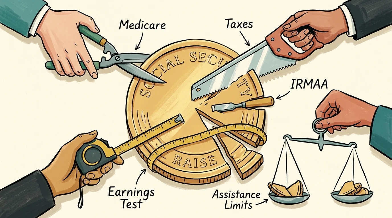 An editorial illustration of a gold coin being trimmed by various tools representing different financial drains like taxes and Medicare.