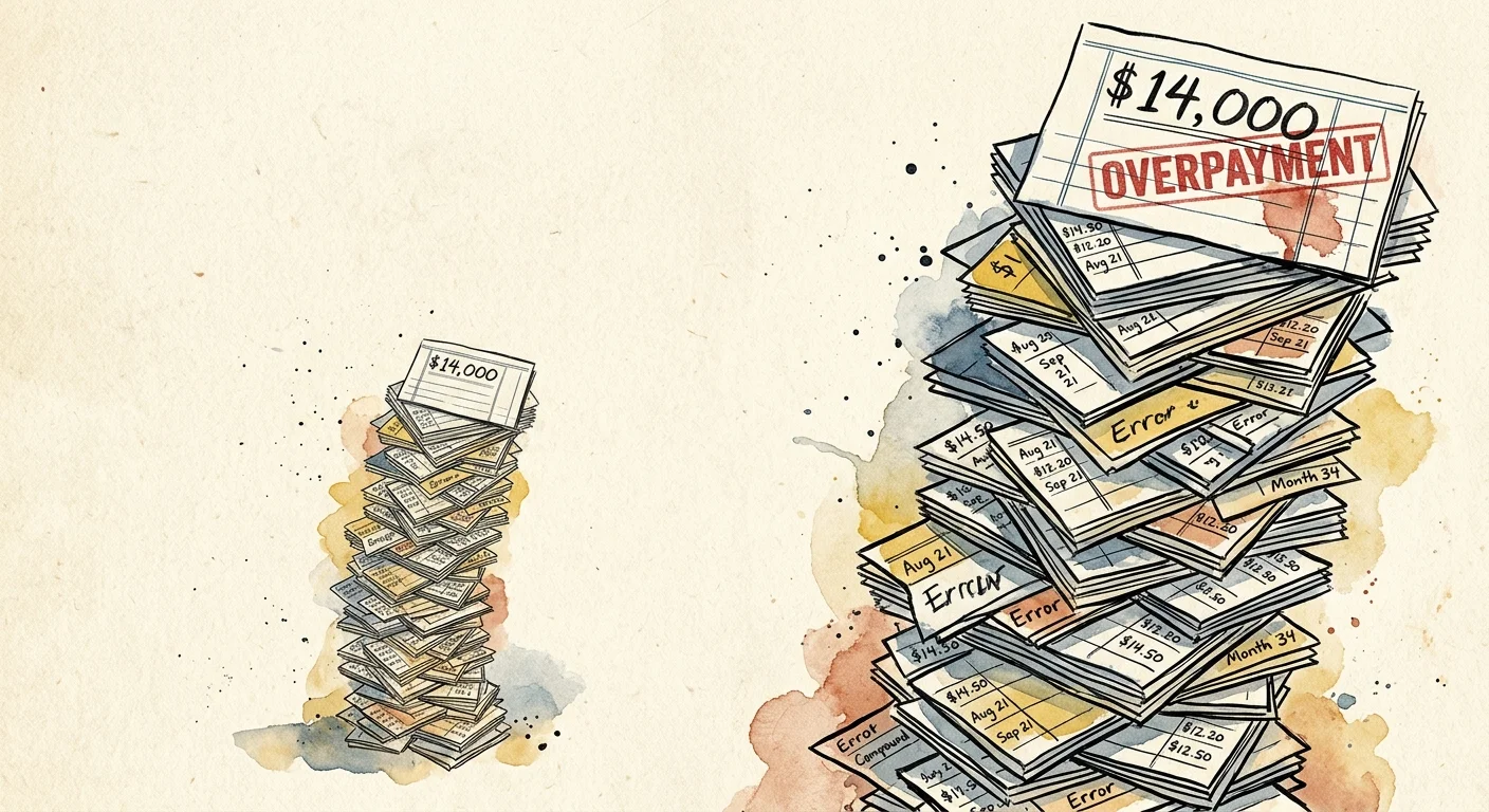 An editorial illustration of a tall stack of ledger papers compounding over time, culminating in a top slip showing a $14,000 overpayment.