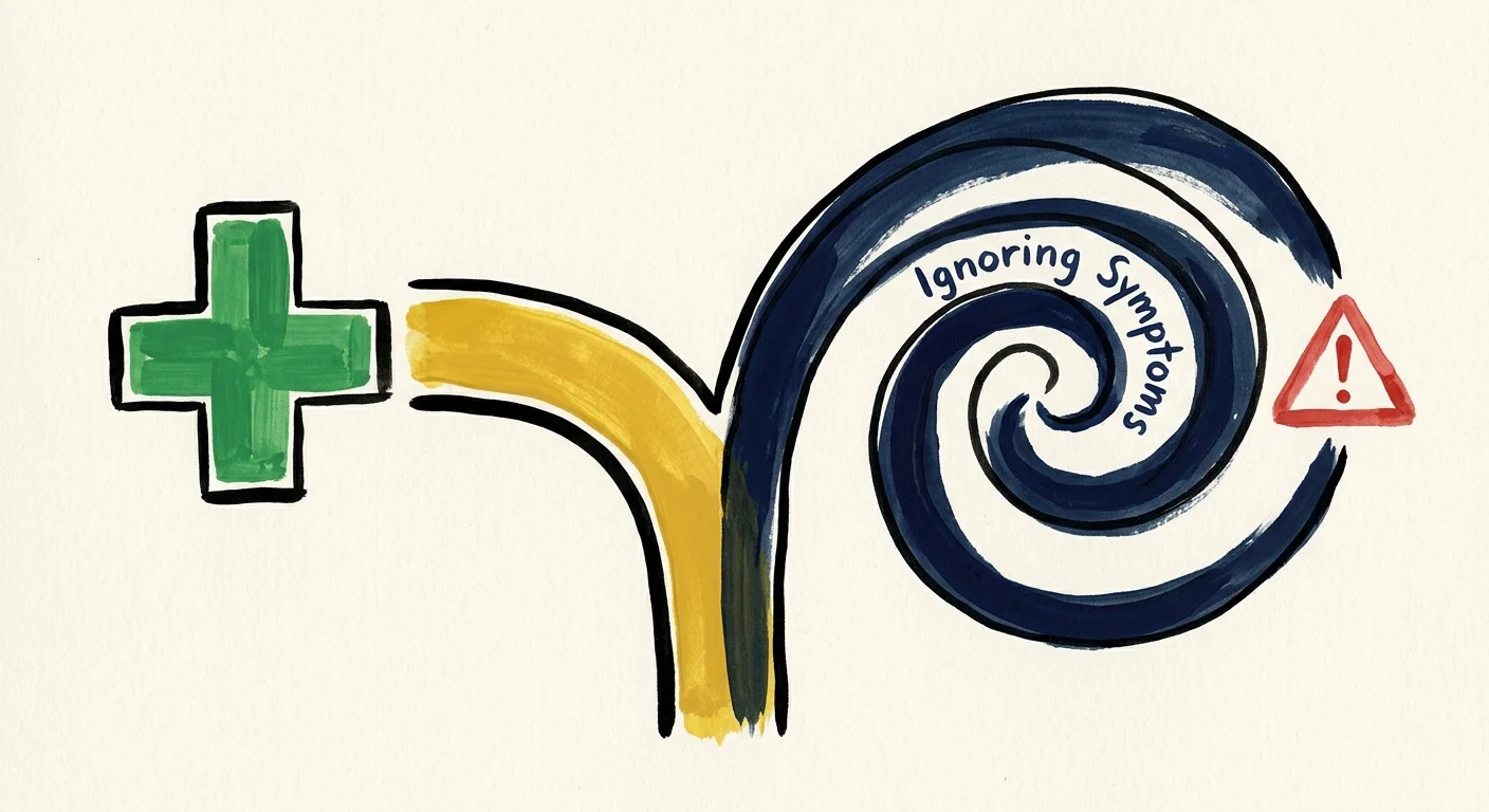 An editorial illustration showing a path splitting into a safe route labeled medical care and a dark loop of delay.