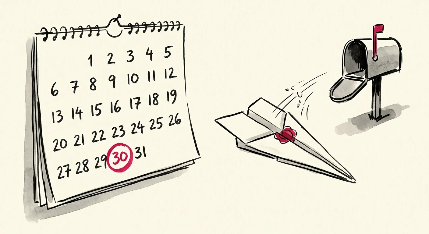 An editorial watercolor illustration of a paper airplane letter stalled mid-air before reaching a mailbox, with a calendar date circled in r