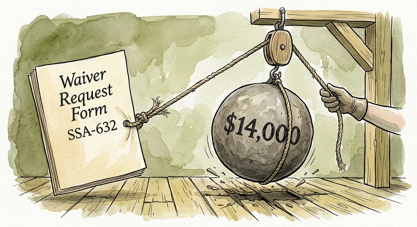 An editorial watercolor illustration of a paper Form SSA-632 lifting a heavy stone labeled $14,000 via a pulley system.