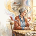 An editorial watercolor illustration of an older woman looking thoughtfully at her hands at a sunlit table, representing hidden health strug