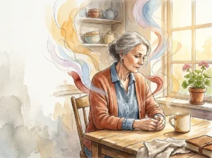 An editorial watercolor illustration of an older woman looking thoughtfully at her hands at a sunlit table, representing hidden health strug