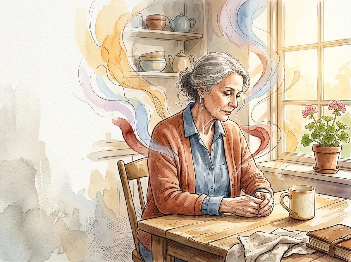 An editorial watercolor illustration of an older woman looking thoughtfully at her hands at a sunlit table, representing hidden health strug