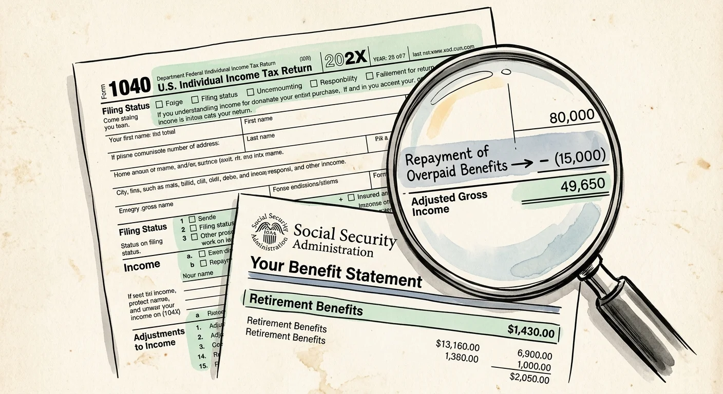 An editorial watercolor illustration showing a 1040 tax form overlapping with a Social Security statement to depict tax adjustments.
