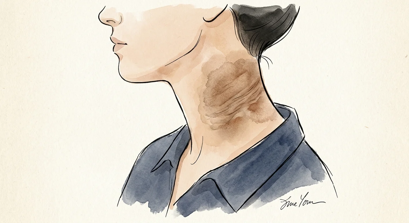 An elegant watercolor and ink sketch of a neck profile, highlighting a darkened, velvety patch of skin on the back of the neck.