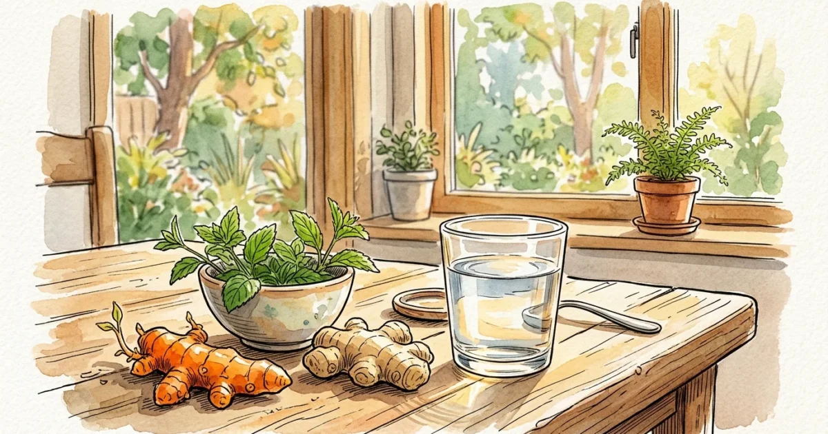 An elegant watercolor and ink sketch of fresh turmeric root, ginger, and a glass of water on a sunlit table.