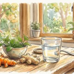 An elegant watercolor and ink sketch of fresh turmeric root, ginger, and a glass of water on a sunlit table.