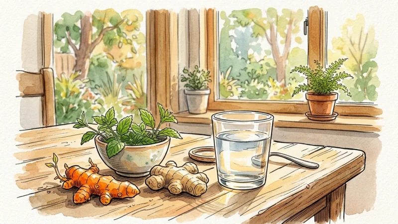 An elegant watercolor and ink sketch of fresh turmeric root, ginger, and a glass of water on a sunlit table.