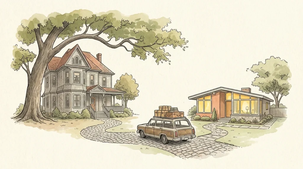 An elegant watercolor of a path connecting a large vintage suburban home to a cozy, modern bungalow, symbolizing retirement downsizing.