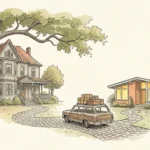 An elegant watercolor of a path connecting a large vintage suburban home to a cozy, modern bungalow, symbolizing retirement downsizing.