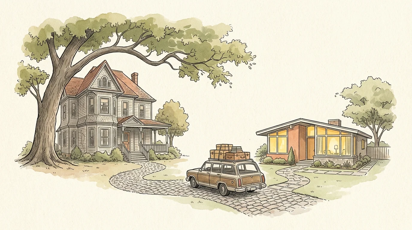 An elegant watercolor of a path connecting a large vintage suburban home to a cozy, modern bungalow, symbolizing retirement downsizing.