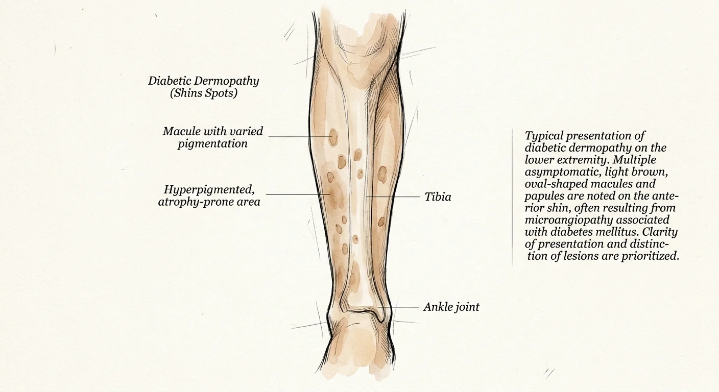 An elegant watercolor sketch of a lower leg with small, faint brown spots on the shin, in a clean medical-illustration style.