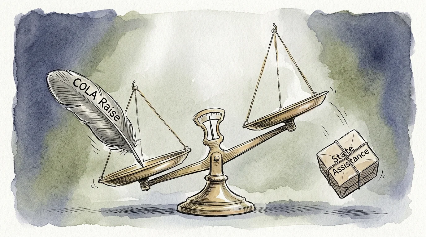 An illustration of a brass scale where a feather labeled COLA Raise tips the scale, causing a package labeled State Assistance to slip off.