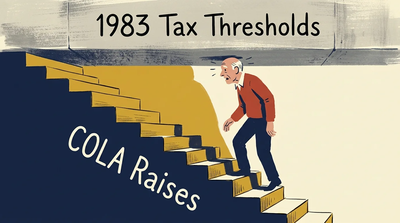 An illustration of a man walking up stairs labeled COLA Raises and hitting his head on a low ceiling labeled 1983 Tax Thresholds.