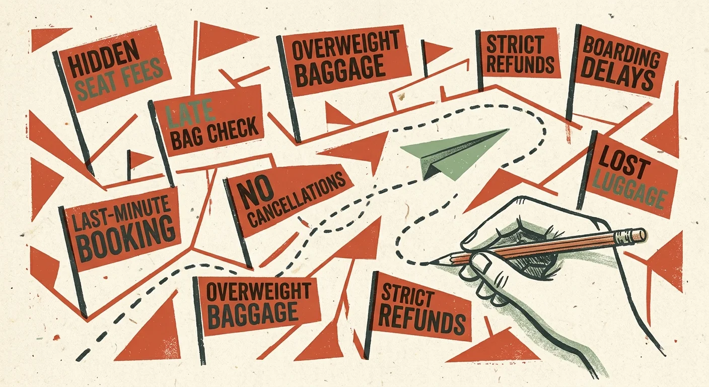 An illustration of a paper airplane navigating a maze of red warning flags labeled with hidden airline fees.