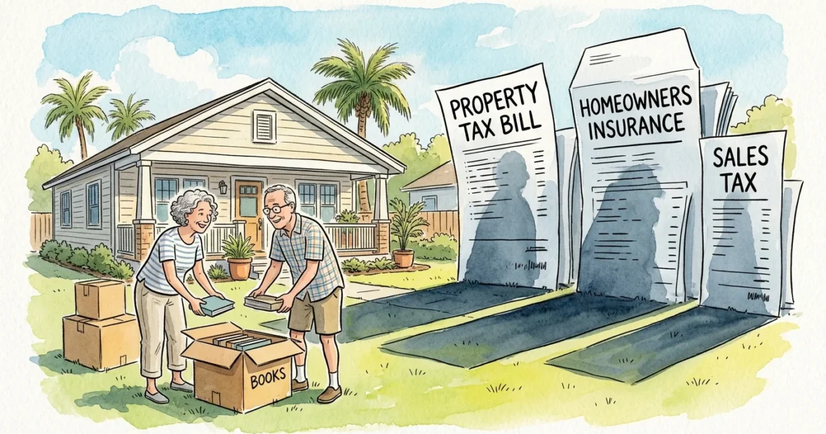 An illustration of a retired couple unpacking boxes at a sunny new home while giant shadow bills for property tax and insurance loom.