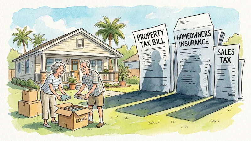 An illustration of a retired couple unpacking boxes at a sunny new home while giant shadow bills for property tax and insurance loom.