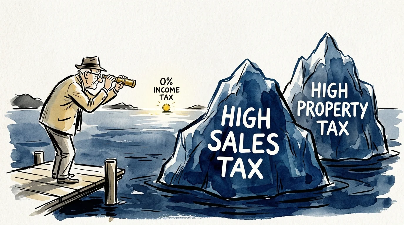 An illustration of a retiree looking through a telescope at a '0% Income Tax' coin, missing the giant 'High Property Tax' iceberg ahead.