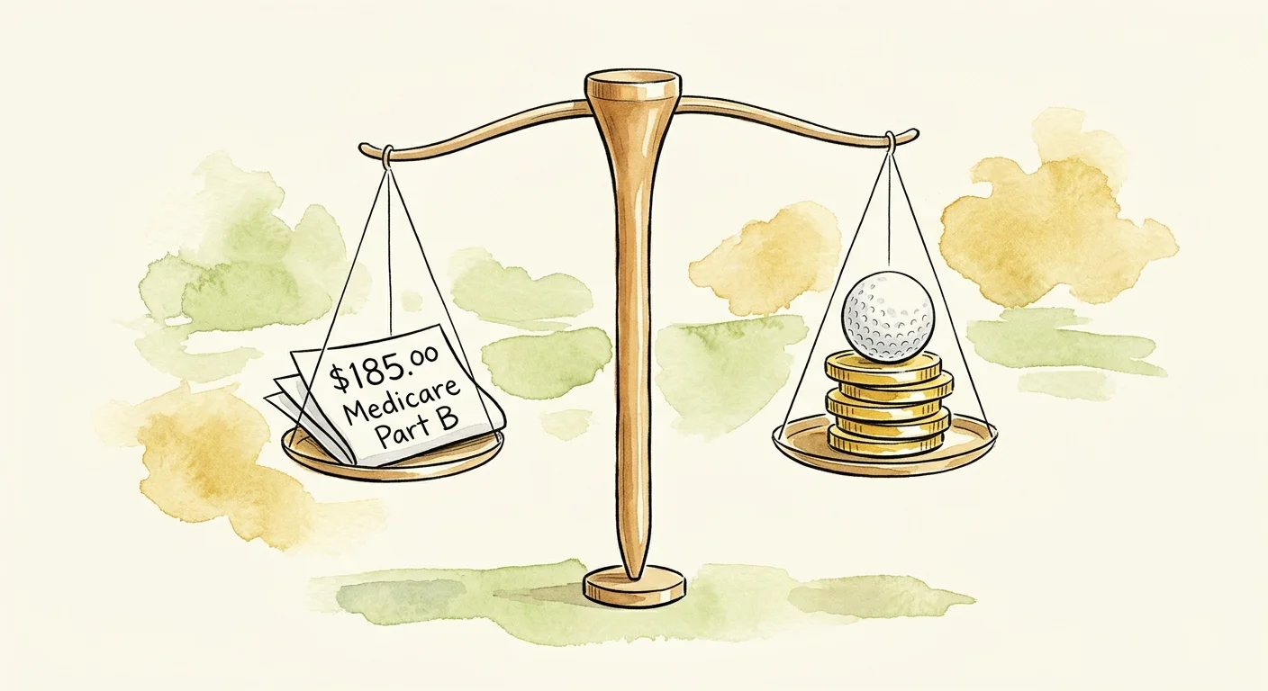An illustration of a scale balancing a paper labeled $185.00 Medicare Part B with a stack of gold coins and a golf ball.