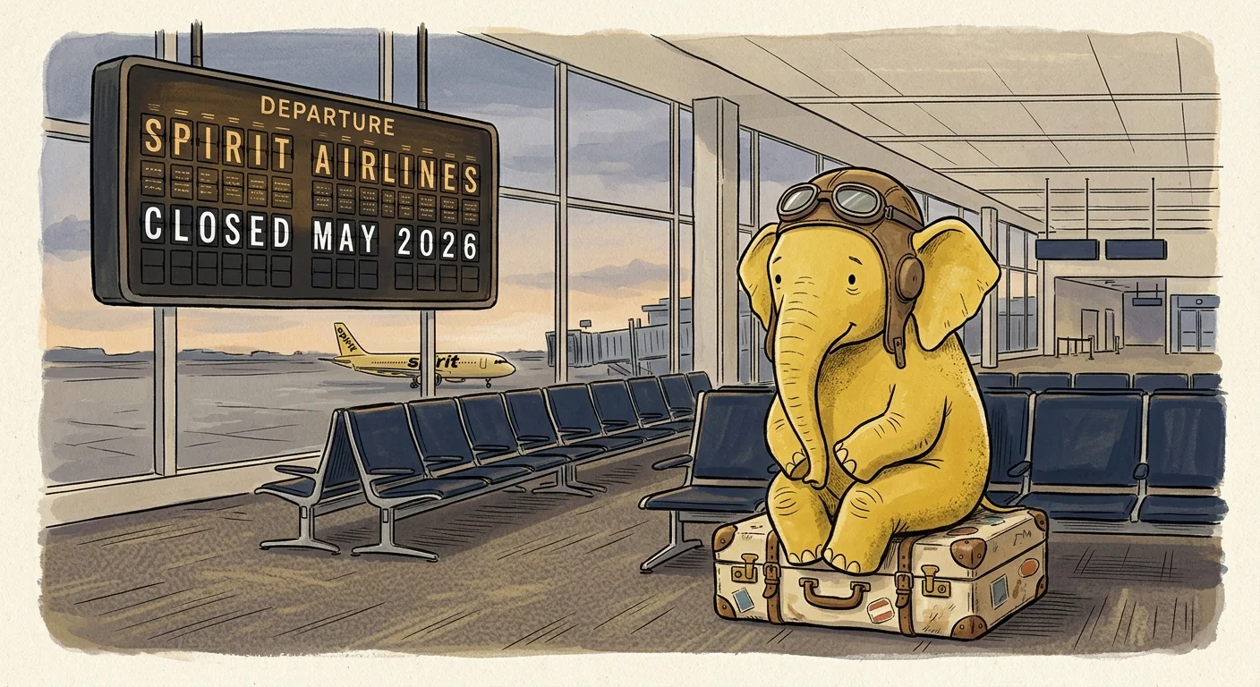 An illustration of a stylized yellow elephant wearing a pilot cap sitting on a suitcase next to a 'Spirit Airlines Closed' sign.