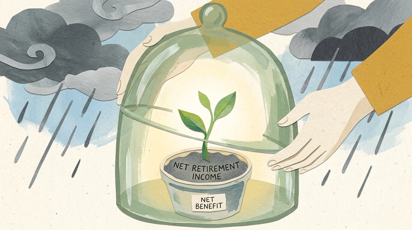 An illustration showing hands shielding a delicate green plant labeled Net Benefit under a glass dome from stormy clouds outside.