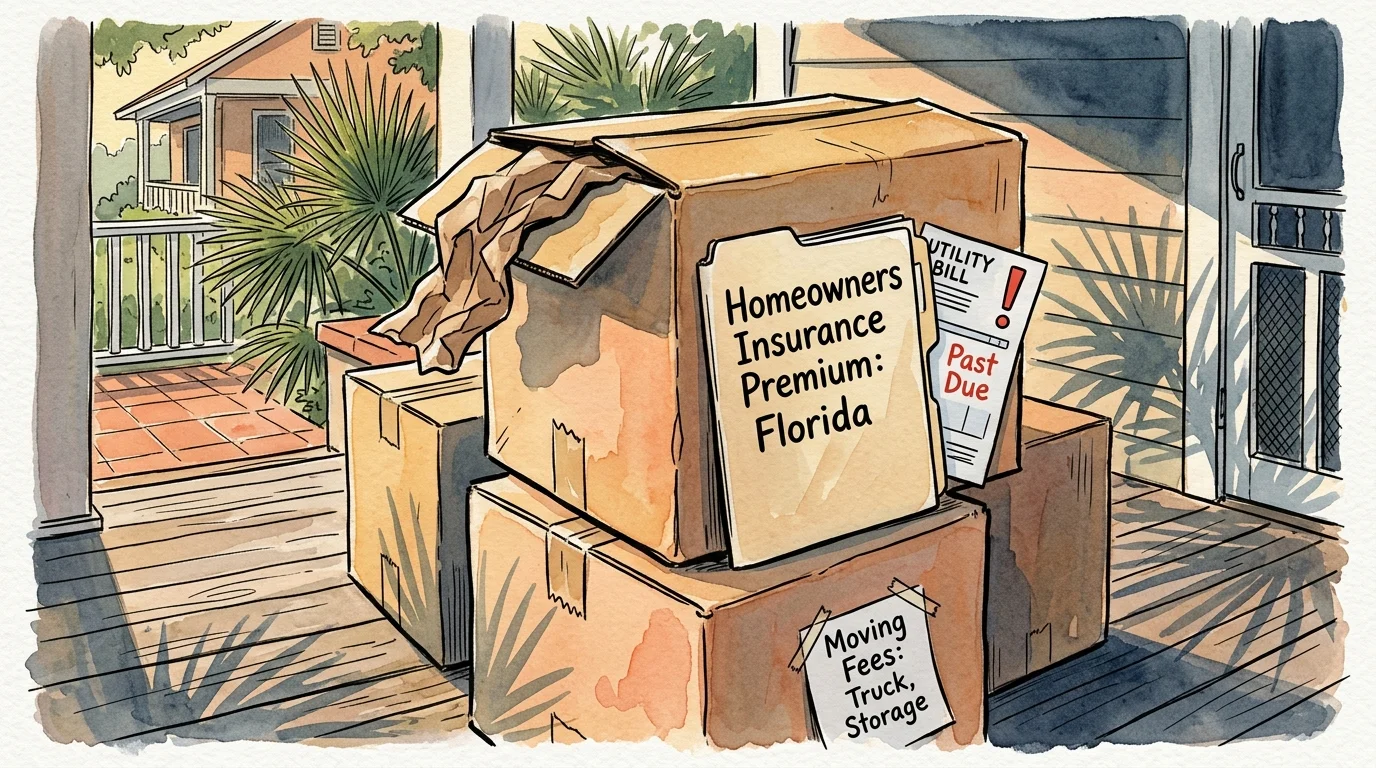 An ink and watercolor drawing of moving boxes on a porch with documents labeled Homeowners Insurance Premium tucked inside.