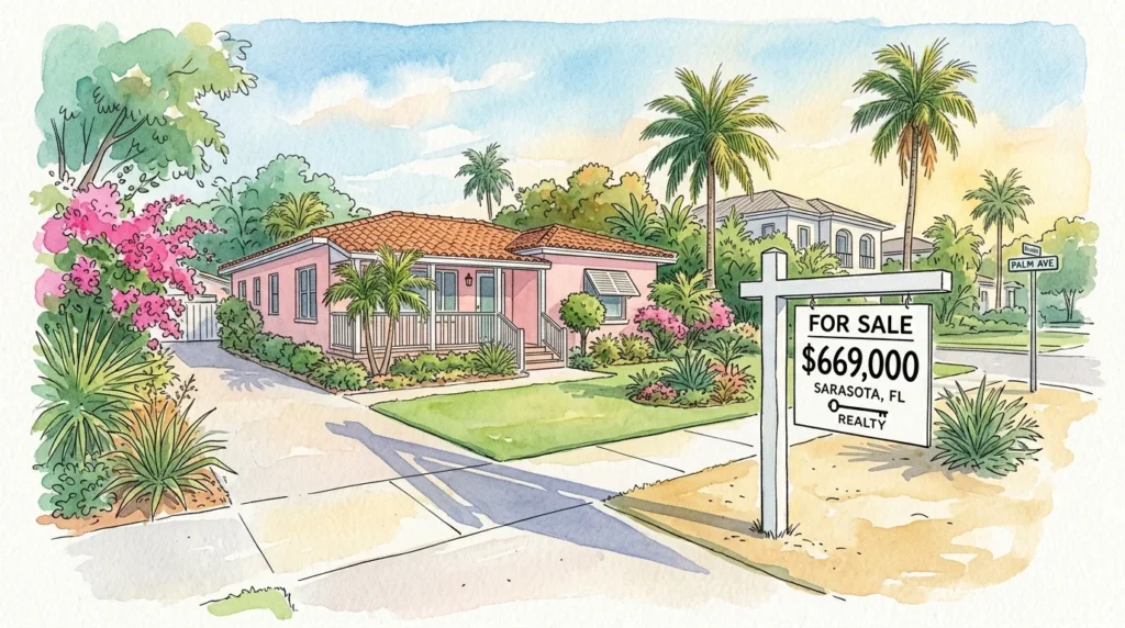 An ink and watercolor illustration of a beautiful Florida home with a prominent real estate sign reading For Sale $669,000.