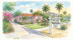 An ink and watercolor illustration of a beautiful Florida home with a prominent real estate sign reading For Sale $669,000.