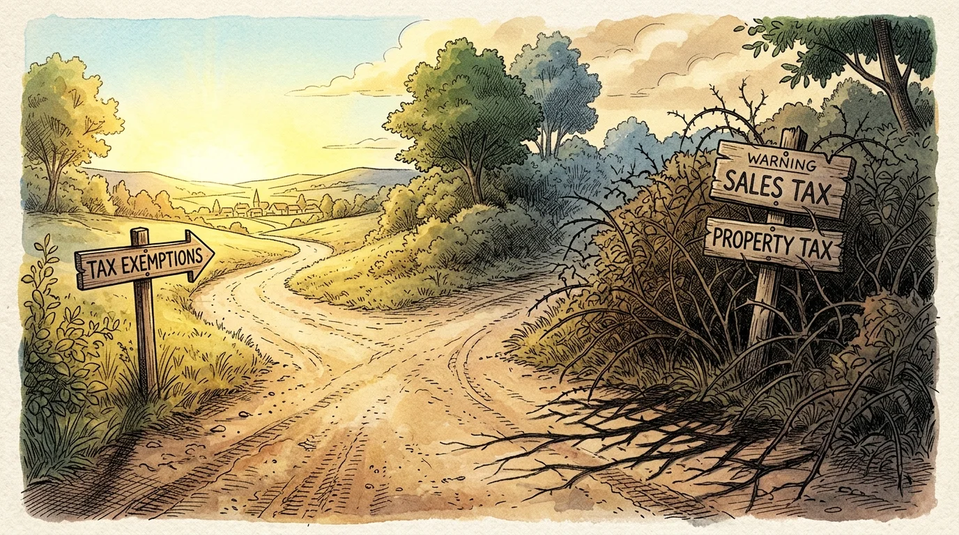 An ink and watercolor illustration of a fork in a dirt road, with one path leading to tax exemptions and the other to hidden tax signs.