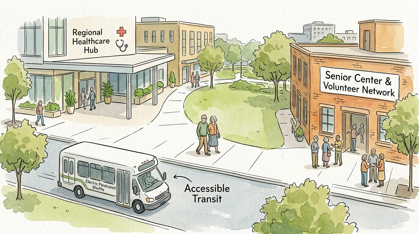 An ink and watercolor illustration of a mid-sized city square showing healthcare, transit, and community center access.