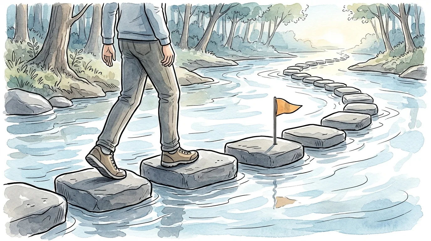 An ink and watercolor illustration of a person stepping across stones in a stream, with a warning flag on one stone.