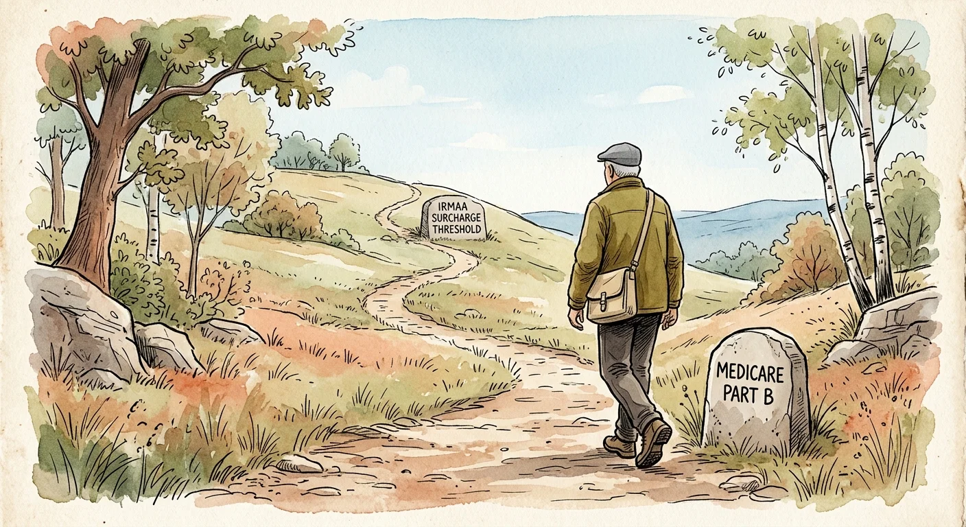 An ink and watercolor illustration of a person walking up a hill path marked with Medicare and IRMAA surcharge signposts.