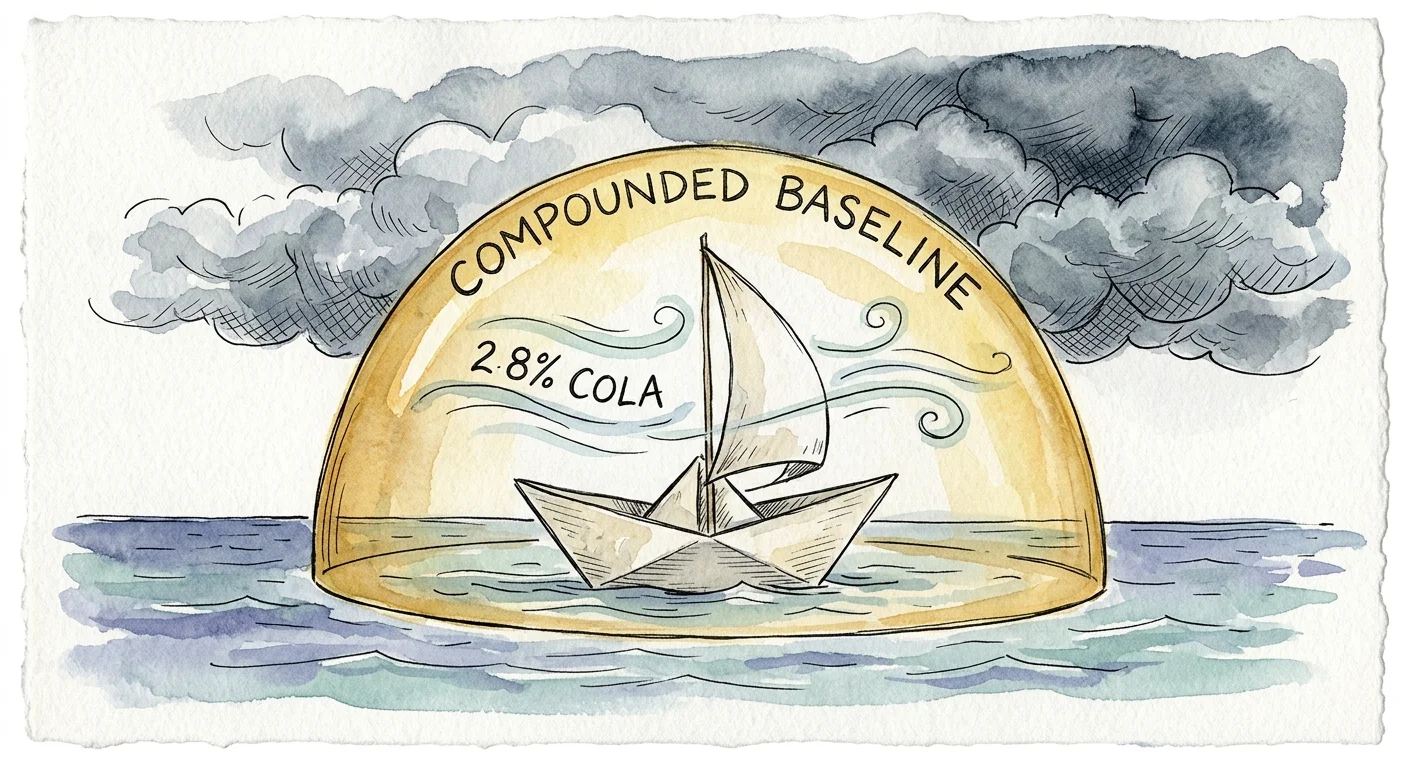 An ink and watercolor illustration of a sailboat protected by a golden dome from stormy weather, with currents labeled 2.8% COLA.